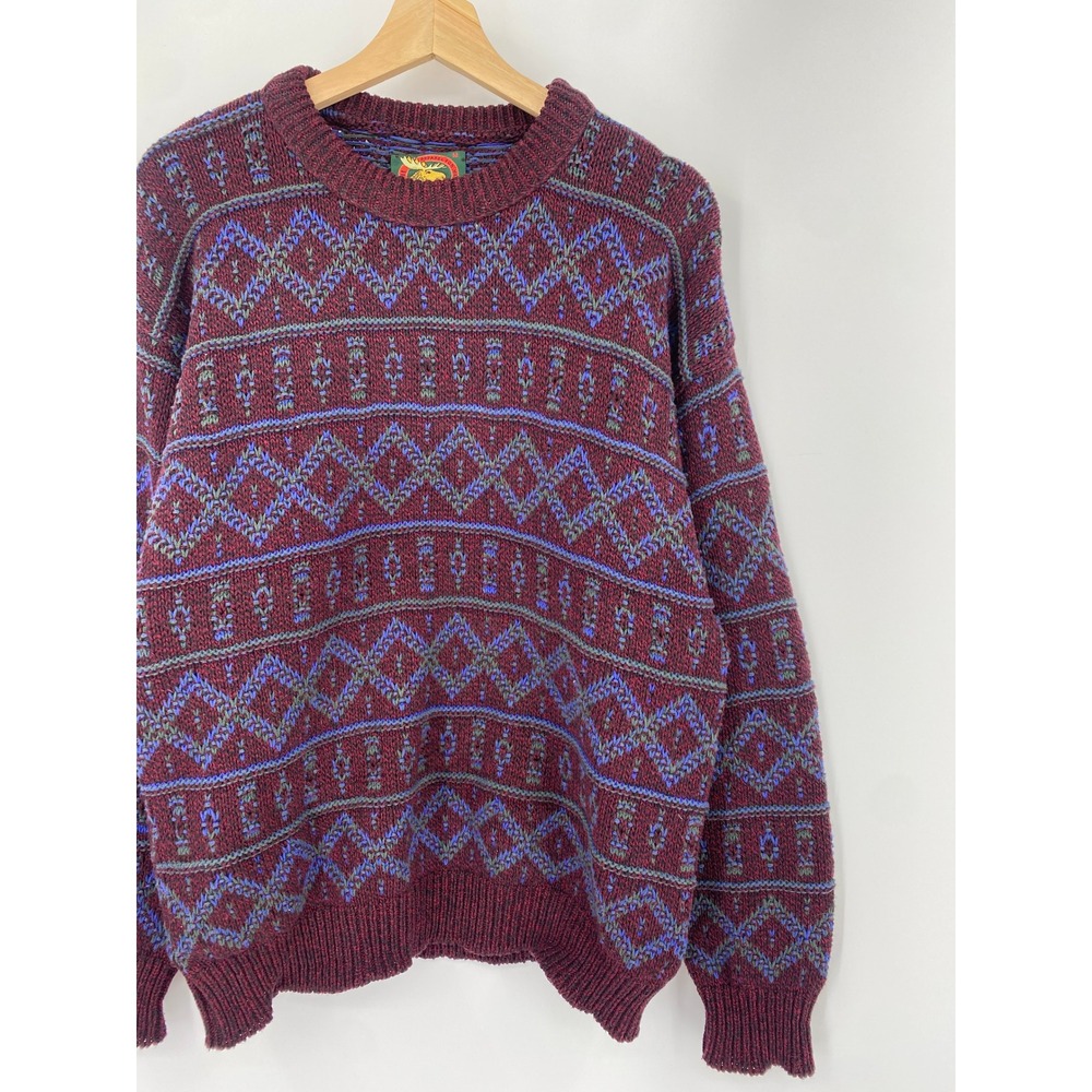 Vintage ALPS Sweater Mens Burgundy Fair Isle Geometric Knit Crewneck USA Made